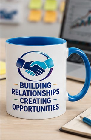 Build Relationships custom business mug — blue